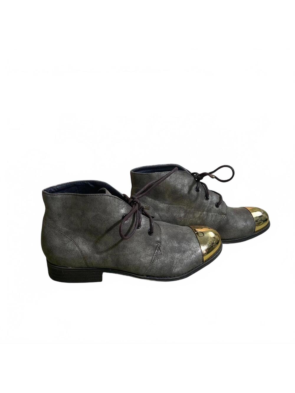 Dollhouse Flourish Gray Brown Faux Leather Ankle Boots with Gold Metal Toe Guard
